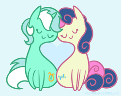 Size: 800x633 | Tagged: safe, artist:egophiliac, bon bon, lyra heartstrings, sweetie drops, earth pony, pony, unicorn, blue background, eyes closed, female, heart, lesbian, lyrabon, shipping, simple background, sitting, smiling