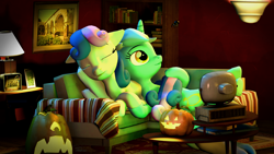 Size: 5760x3240 | Tagged: safe, artist:drdicksamazingstick, bon bon, lyra heartstrings, sweetie drops, 3d, absurd resolution, female, jack-o-lantern, lesbian, lyrabon, shipping, sleeping, sofa, source filmmaker