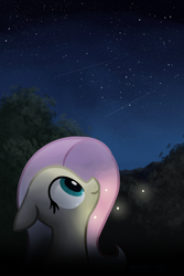 Size: 1200x1800 | Tagged: safe, artist:masserey, fluttershy, firefly (insect), pegasus, pony, bust, female, floppy ears, looking up, mare, night, shooting star, smiling, solo, space, stargazing, starry night