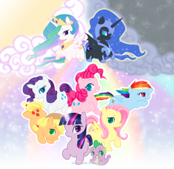 Size: 800x779 | Tagged: safe, artist:phantomcarnival, derpibooru import, applejack, fluttershy, nightmare moon, pinkie pie, princess celestia, rainbow dash, rarity, spike, twilight sparkle, unicorn twilight, alicorn, dragon, earth pony, pegasus, pony, unicorn, chibi, cloud, cute, cutelestia, dashabetes, diapinkes, female, glowing horn, horn, jackabetes, male, mane seven, mane six, mare, moonabetes, raribetes, shyabetes, spikabetes, twiabetes