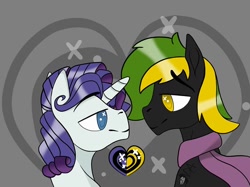 Size: 960x719 | Tagged: safe, artist:nda art, elusive, rarity, oc, oc:vermont black, earth pony, pony, unicorn, candy, clothes, food, gay, male, rule 63, scarf, stallion