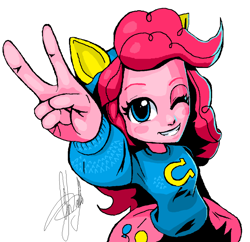 Size: 1024x990 | Tagged: safe, artist:dasha1blaze, pinkie pie, equestria girls, balloon, clothes, cute, diapinkes, one eye closed, peace sign, simple background, skirt, smiling, solo, sweater, white background, wink, wondercolts, wondercolts uniform