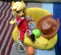 Size: 675x606 | Tagged: safe, artist:redness, applejack, equestria girls, apple, ball jointed doll, bjd, cookie, cookie jar, custom, doll, equestria girls minis, eqventures of the minis, food, hat, irl, photo, toy