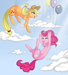 Size: 1024x1123 | Tagged: safe, artist:ridgessky, applejack, pinkie pie, earth pony, pony, applejack's hat, balloon, cloud, duo, duo female, eyes closed, falling, female, females only, mare, sky, smiling