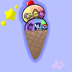 Size: 768x768 | Tagged: safe, artist:star_swirly, derpibooru import, applejack, fluttershy, pinkie pie, rainbow dash, rarity, twilight sparkle, earth pony, pegasus, pony, unicorn, :3, blue background, female, food, hat, ice cream, ice cream cone, mane six, mare, micro, signature, simple background