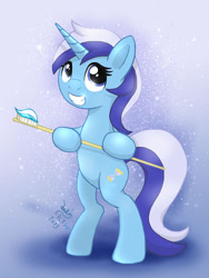 Size: 900x1200 | Tagged: safe, artist:joakaha, minuette, pony, bipedal, hoof hold, solo, toothbrush