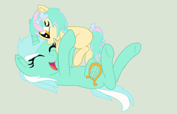 Size: 1024x661 | Tagged: safe, artist:koikithecat, lyra heartstrings, oc, oc:sweetmint, pony, eyes closed, happy, holding, holding a pony, magical lesbian spawn, offspring, parent:bon bon, parent:lyra heartstrings, parents:lyrabon