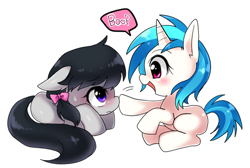 Size: 700x469 | Tagged: dead source, safe, artist:megarexetera, dj pon-3, octavia melody, vinyl scratch, earth pony, pony, blushing, boop, bow, curled up, cute, eye contact, filly, floppy ears, hair bow, looking at each other, open mouth, prone, simple background, sitting, smiling, speech bubble, sweat, tavibetes, vinylbetes, white background, younger