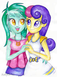 Size: 600x820 | Tagged: safe, artist:antych, bon bon, lyra heartstrings, sweetie drops, equestria girls, colored pupils, female, holding hands, lesbian, lyrabon, shipping, smiling, traditional art