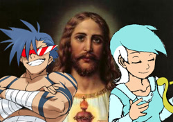 Size: 468x332 | Tagged: safe, lyra heartstrings, human, fanfic:anthropology, crack fic, crossover, fanfic, fanfic art, fanfic cover, female, grin, humanized, jesus christ, kamina, smiling, sunglasses, tengen toppa gurren lagann