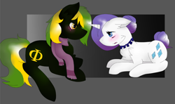 Size: 1098x648 | Tagged: safe, artist:mootsarts, rarity, oc, oc:vermont black, earth pony, pony, unicorn, alternate hairstyle, blushing, canon x oc, clothes, couple, female, hair bun, jewelry, looking at each other, male, mare, necklace, phi, scarf, stallion, tail bun