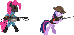 Size: 12494x6000 | Tagged: safe, artist:korsoo, derpibooru import, pinkie pie, twilight sparkle, earth pony, pony, unicorn, absurd resolution, bipedal, crossover, cutie mark, female, flamethrower, gun, hat, hooves, horn, mare, optical sight, pinkie pyro, pyro, rifle, simple background, sniper, sniper rifle, team fortress 2, teeth, transparent background, twilight sniper, vector, weapon