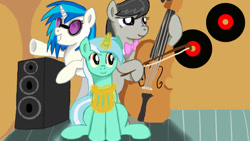 Size: 1280x720 | Tagged: safe, artist:jbond, dj pon-3, lyra heartstrings, octavia melody, vinyl scratch, earth pony, pony, cello, lyre, magic, musical instrument, record, speaker