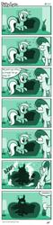 Size: 757x3201 | Tagged: safe, artist:dori-to, bon bon, lyra heartstrings, sweetie drops, changeling, earth pony, pony, unicorn, comic:silly lyra, comic, disguise, disguised changeling, dust cloud, female, mare, monochrome, scared, screaming, silly lyra