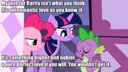Size: 1280x720 | Tagged: safe, derpibooru import, pinkie pie, rarity, spike, twilight sparkle, dragon, earth pony, pony, unicorn, green isn't your color, babylon 5, female, image macro, implied rarity, lennier, love, male, meme, modified quote, obscure reference, quote, shipping, sparity, straight