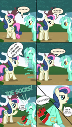 Size: 900x1581 | Tagged: safe, artist:dragonpony, bon bon, lyra heartstrings, sweetie drops, clothes, comic, socks, toe socks