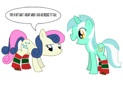 Size: 2390x1720 | Tagged: safe, artist:dragonpony, bon bon, lyra heartstrings, sweetie drops, clothes, dialogue, grin, lidded eyes, looking back, simple background, socks, toe socks, transparent background