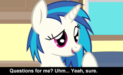 Size: 1600x973 | Tagged: safe, dj pon-3, vinyl scratch, pony, unicorn, comic:celestia's servant interview, caption, cs captions, interview, meta, solo