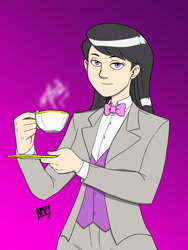 Size: 1000x1333 | Tagged: safe, artist:mono-phos, octavia melody, human, bowtie, clothes, cup, gradient background, humanized, lidded eyes, smiling, solo, suit, tea, teacup, waistcoat