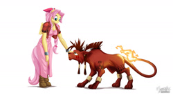 Size: 2133x1200 | Tagged: safe, artist:mysticalpha, fluttershy, anthro, pegasus, aerith gainsborough, clothes, creature, crossover, duo, female, final fantasy, final fantasy vii, looking at each other, mare, red xiii, simple background, video game, white background