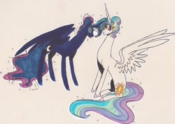 Size: 1024x724 | Tagged: safe, artist:draw1709, princess celestia, princess luna, alicorn, pony, eyeshadow, horns are touching, magic, makeup, royal sisters, traditional art