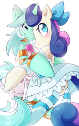 Size: 1200x1920 | Tagged: safe, artist:amberdragonling, bon bon, lyra heartstrings, sweetie drops, pony, bipedal, clothes, costume, crossover, eyes closed, female, lesbian, lyrabon, panty and stocking with garterbelt, shipping, simple background, smiling