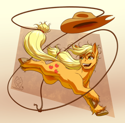 Size: 2676x2636 | Tagged: safe, artist:mykegreywolf, applejack, earth pony, pony, cowboy hat, hat, lasso, open mouth, rope, solo, stetson, unshorn fetlocks