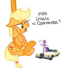 Size: 800x843 | Tagged: safe, applejack, twilight sparkle, earth pony, pony, car, lincoln continental, muh, tied up