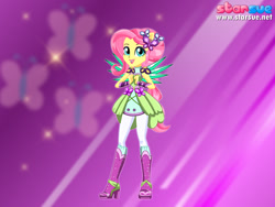 Size: 800x600 | Tagged: safe, artist:user15432, fluttershy, human, equestria girls, legend of everfree, boots, crystal guardian, crystal wings, cute, cutie mark, high heel boots, humanized, looking at you, ponied up, ponytail, purple background, solo, sparkles, starsue, super ponied up, winged humanization, wings