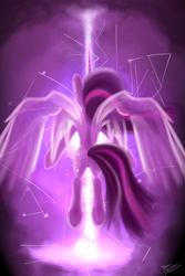 Size: 1600x2400 | Tagged: safe, artist:pedrohander, derpibooru import, twilight sparkle, twilight sparkle (alicorn), alicorn, pony, both cutie marks, colored, digital art, energy, floating, magic, plot, rear view, solo, spread wings