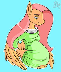 Size: 2700x3200 | Tagged: dead source, safe, artist:artistdragon, fluttershy, anthro, blue background, clothes, preggoshy, pregnant, shirt, simple background, solo