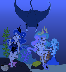 Size: 950x1032 | Tagged: safe, artist:brawlerunbound94, princess celestia, princess luna, human, jellyfish, manta ray, bikini, breasts, cleavage, clothes, conch, coral, crown, feet, fossil, humanized, jewelry, one-piece swimsuit, regalia, sponge, starfish, swimsuit, underwater