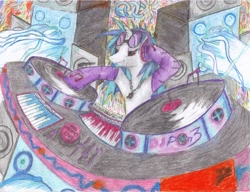 Size: 3272x2508 | Tagged: safe, artist:goina, dj pon-3, vinyl scratch, pony, unicorn, clothes, pencil drawing, socks, solo, traditional art