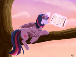 Size: 1600x1200 | Tagged: safe, artist:emcrasher, derpibooru import, twilight sparkle, twilight sparkle (alicorn), alicorn, pony, book, female, mare, reading, tree