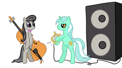 Size: 1600x900 | Tagged: artist needed, safe, lyra heartstrings, octavia melody, earth pony, pony, bipedal, musical instrument