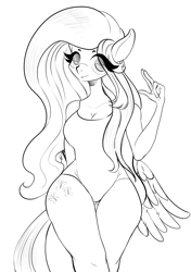 Size: 1024x1451 | Tagged: safe, artist:tealightcakes, fluttershy, anthro, butt wings, clothes, monochrome, one-piece swimsuit, simple background, solo, swimsuit