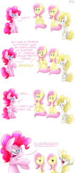 Size: 1432x3300 | Tagged: safe, artist:tctwig, fluttershy, pinkie pie, posey, surprise, pegasus, pony, g1, :3, :d, :t, cheering, fluttershy is not amused, g1 to g4, generation leap, generational ponidox, posey is not amused, pun, sitting, tongue out, unamused