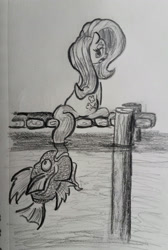 Size: 1280x1909 | Tagged: safe, artist:shoeunit, fluttershy, pegasus, pony, :o, biting, crossover, female, fishing, lidded eyes, looking back, magikarp, magikarp jump, mare, monochrome, open mouth, pencil drawing, pokémon, sitting, solo, tail bite, tail fishing, traditional art, wat