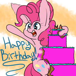 Size: 1000x1000 | Tagged: safe, artist:bennimarru, pinkie pie, earth pony, pony, big ears, birthday, cake, food, simple background, solo