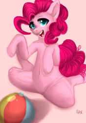 Size: 600x850 | Tagged: safe, artist:trojan-pony, pinkie pie, pony, anatomically incorrect, ball, featureless crotch, incorrect leg anatomy, simple background, smiling, solo