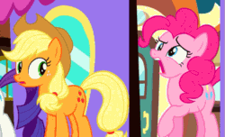 Size: 591x360 | Tagged: safe, edit, edited screencap, screencap, applejack, pinkie pie, rarity, earth pony, pony, unicorn, a canterlot wedding, :o, animated, blinking, canterlot, confetti, cute, female, frown, mare, open mouth, pinkie being pinkie, pinkie physics, raised hoof, reaction image, reddit, sneezing, streamers, train, train station, upvote, wide eyes