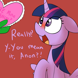 Size: 800x800 | Tagged: safe, artist:datte-before-dawn, derpibooru import, twilight sparkle, twilight sparkle (alicorn), oc, oc:anon, alicorn, human, pony, blushing, cute, female, floppy ears, heart, mare, open mouth, smiling, twiabetes, valentine's day