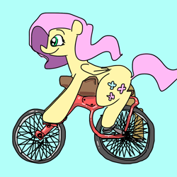 Size: 1280x1280 | Tagged: safe, artist:pencilbrony, fluttershy, pegasus, pony, bicycle, female, mare, simple background, solo, teal background