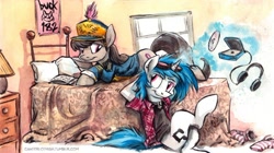 Size: 800x449 | Tagged: safe, artist:kenket, artist:spainfischer, dj pon-3, octavia melody, vinyl scratch, earth pony, pony, unicorn, bed, blink 182, canterlot high, clothes, female, lamp, looking at each other, magic, mare, smiling, window