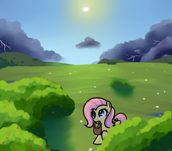 Size: 1280x1128 | Tagged: safe, artist:neuro, fluttershy, pegasus, pony, bag, berries, bush, colored pupils, female, lightning, mare, mouth hold, solo, stormcloud