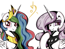 Size: 2560x1919 | Tagged: safe, artist:saralien, princess celestia, alicorn, pony, blushing, duo, eyeshadow, female, looking at you, makeup, mare, princess molestia, signature, simple background, smiling, spread wings, tongue out, white background, wings