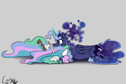 Size: 3000x2000 | Tagged: safe, artist:greyscaleart, princess celestia, princess luna, alicorn, pony, alternate hairstyle, book, duo, female, mare, prone, royal sisters, scrunchie, sleeping, smiling