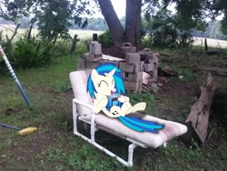 Size: 2592x1944 | Tagged: safe, artist:pinkiepi314, artist:tokkazutara1164, dj pon-3, vinyl scratch, broom, chair, cinder block, irl, itunes, logo, outdoors, photo, ponies in real life, recolor, solo, vector