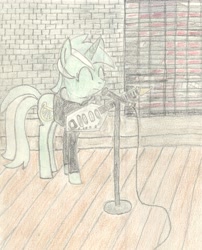 Size: 3315x4096 | Tagged: safe, artist:barryfrommars, lyra heartstrings, pony, unicorn, fanfic:background pony, background pony, clothes, crossover, guitar, hoodie, joy division, microphone, microphone stand, pencil drawing, reference, traditional art, vox phantom, window, wooden floor