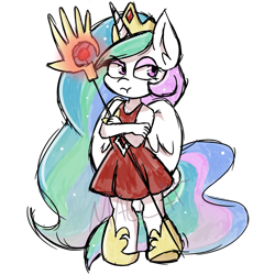 Size: 3000x3000 | Tagged: safe, artist:mal-cat, princess celestia, alicorn, anthro, unguligrade anthro, celestia is not amused, crossed arms, female, hoof tapping, mare, populous, simple background, solo, staff, transparent background, unamused, watermark